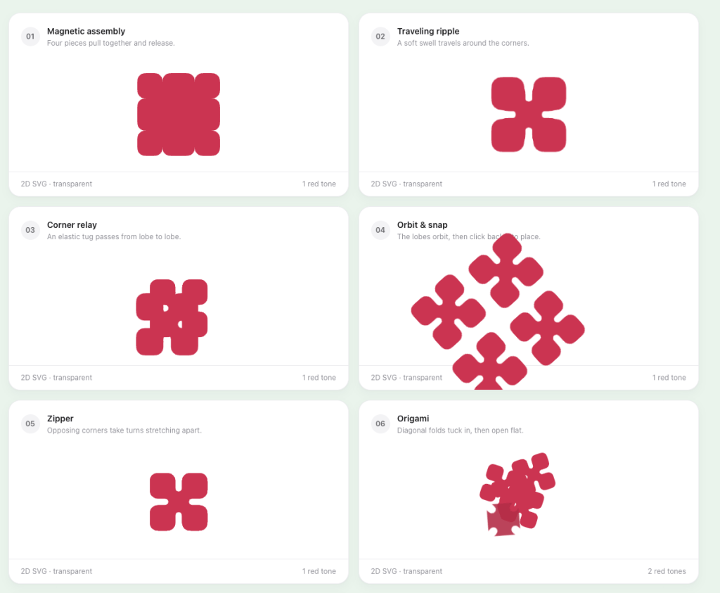 Magnetic assembly animation with four pieces coming together and separating.