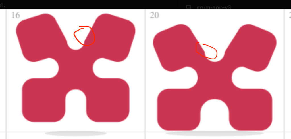 Two similar abstract red shapes with a central round area, one shape has a marked detail at the top left, and the other has a marked detail at the top right.